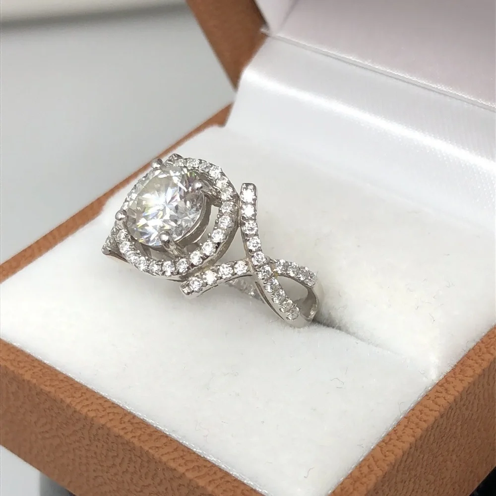 Moissanite Fire Ring Crossover Design Solitaire 2.50ctw Platineve 925 Size 6